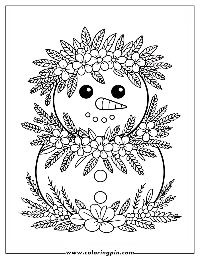 Line art of a snowman decorated with flowers and leaves.