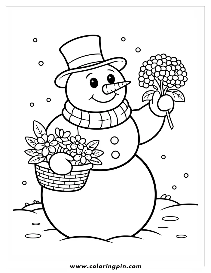 Outline of a snowman holding a bouquet of flowers and a basket of flowers in the snow.