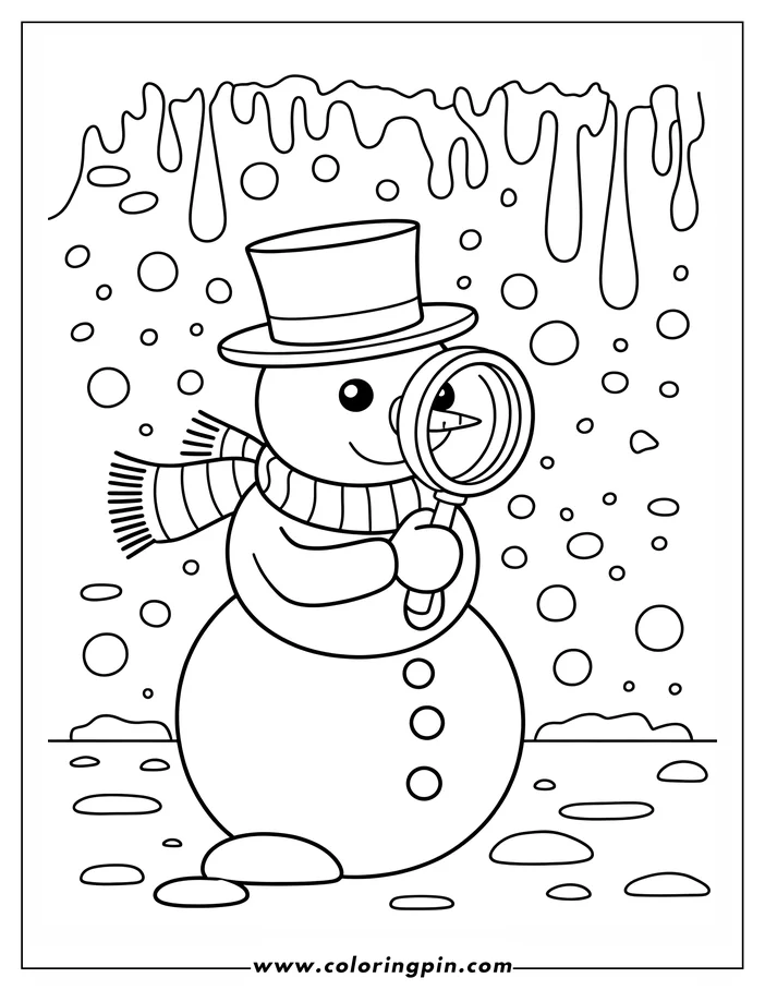 Line art of a snowman wearing a top hat and scarf, holding a magnifying glass. Snow falls around him, and puddles are visible on the ground.