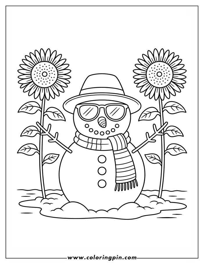 Line art of a snowman wearing a hat, sunglasses, and scarf, standing between two sunflowers.