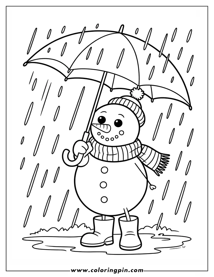 Outline of a snowman holding an umbrella in the rain. He's wearing a hat, scarf, and boots, and rain is falling around him.