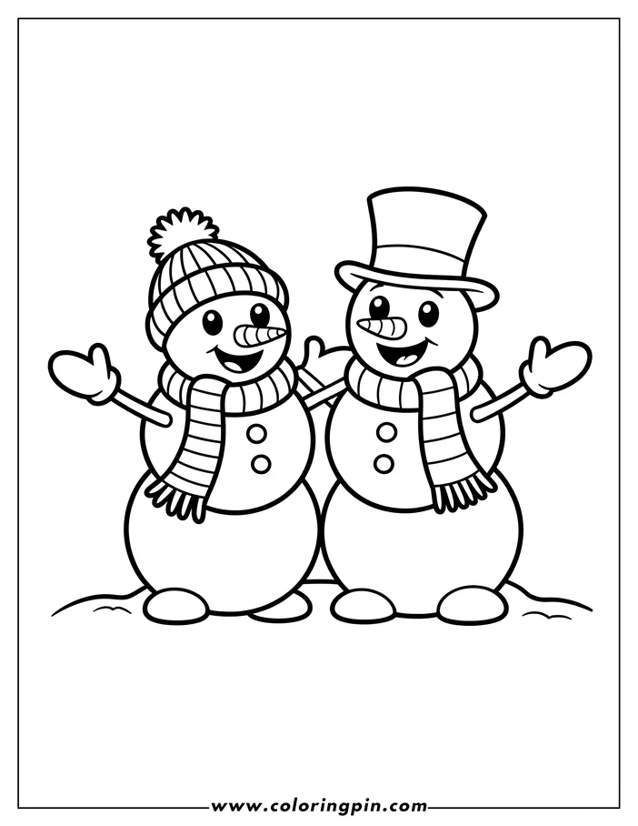 Two smiling snowmen, one with a knit hat and the other with a top hat, standing on the snow.