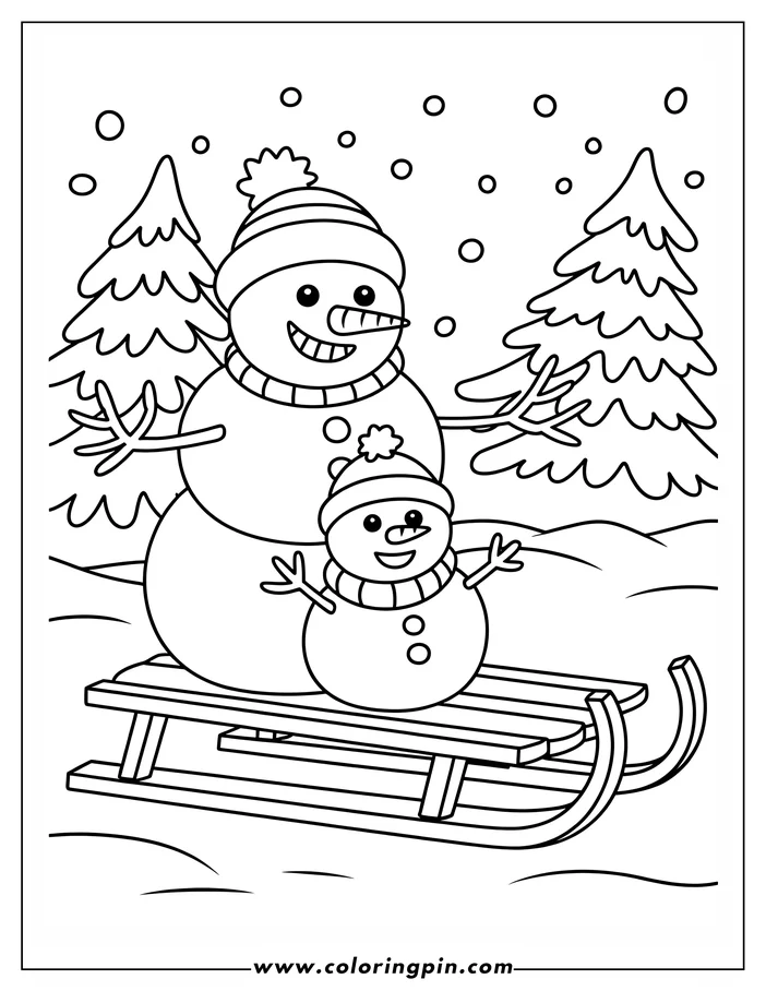 Two snowmen sitting on a sled in a snowy landscape with pine trees.