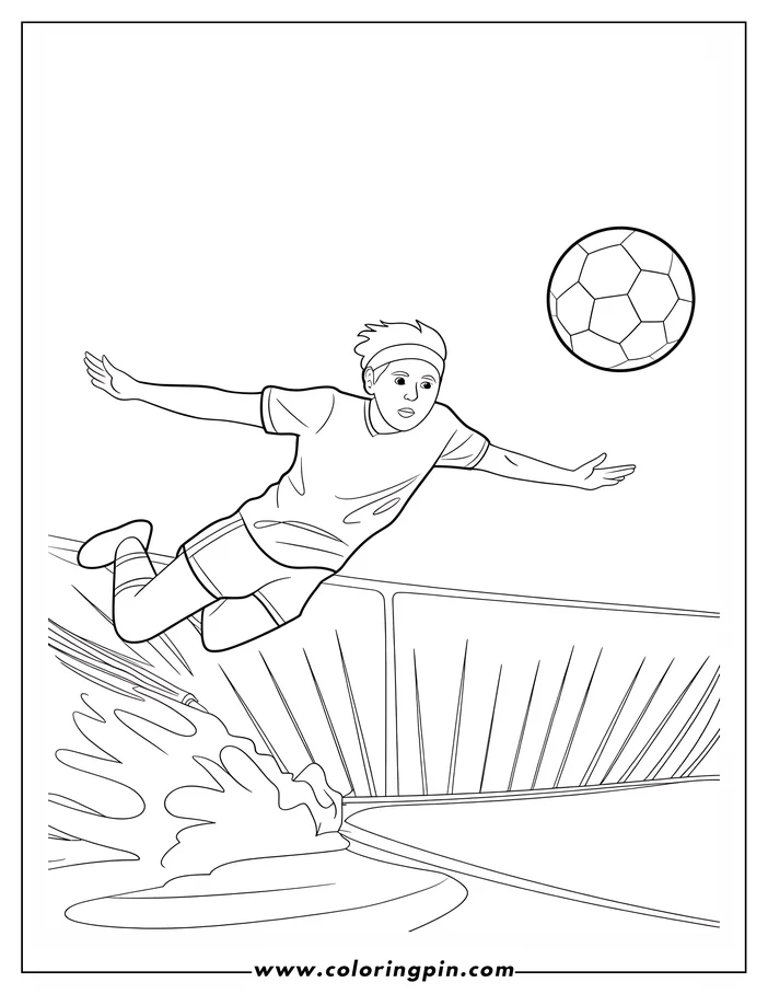 Outline of a soccer player kicking a ball mid-air towards the goal.