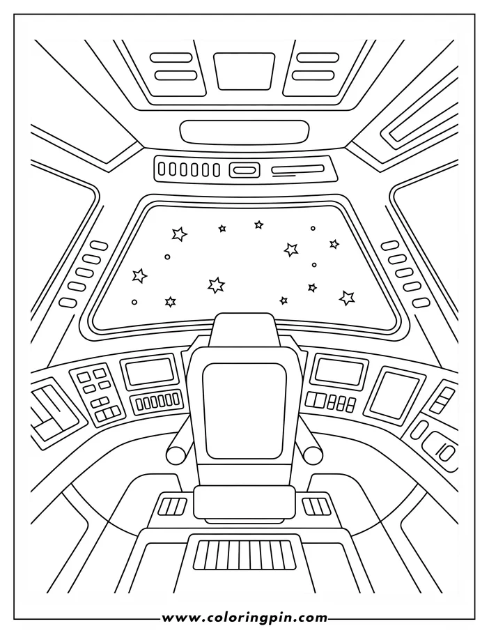 Outline of a spaceship cockpit interior, with the pilot's chair facing a window view of stars.