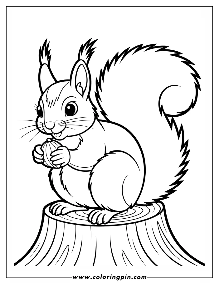 Outline of a cartoon squirrel sitting on a tree stump and holding an acorn