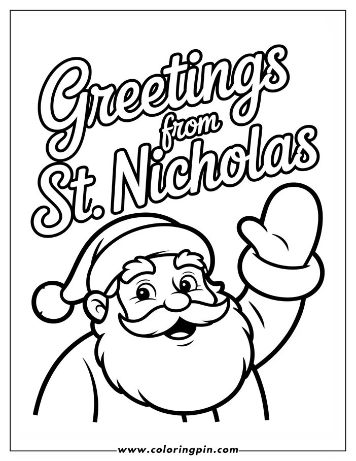 St. Nicholas waves, wearing a Santa hat and a long beard.