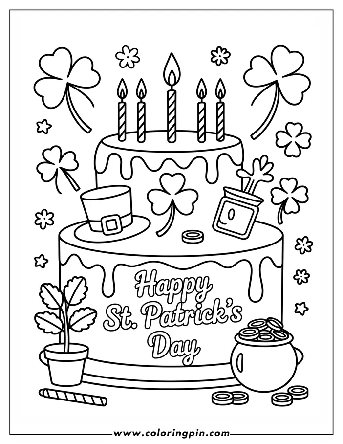 Line art of a St. Patrick's Day cake with four lit candles on top, decorated with shamrocks and a leprechaun hat, with a pot of gold and a shamrock plant nearby. "Happy St. Patrick's Day" is written on the cake. This is a design for a coloring page.