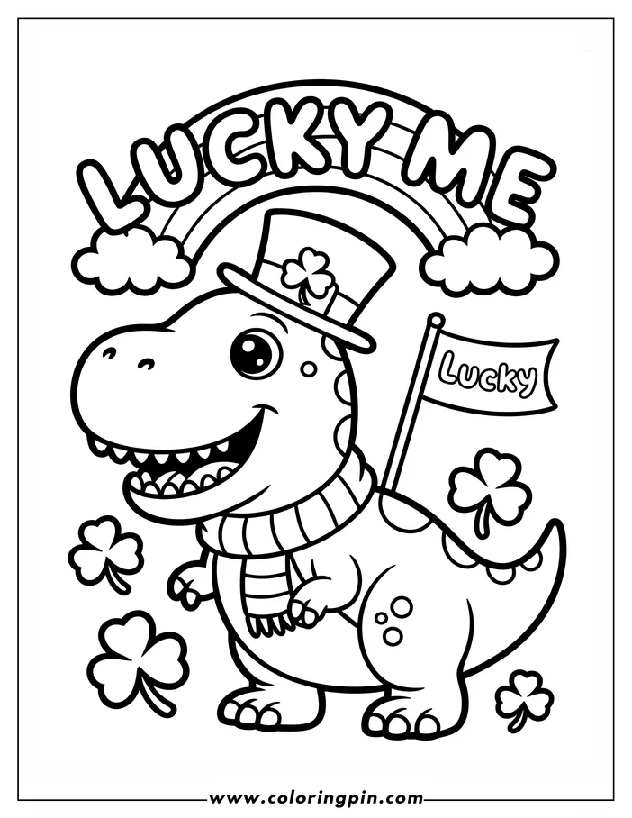 A cheerful cartoon dinosaur, wearing a leprechaun hat and striped scarf, celebrates St. Patrick's Day in this coloring page design.  It holds a "Lucky" flag and is surrounded by shamrocks, with a "Lucky Me" rainbow overhead.