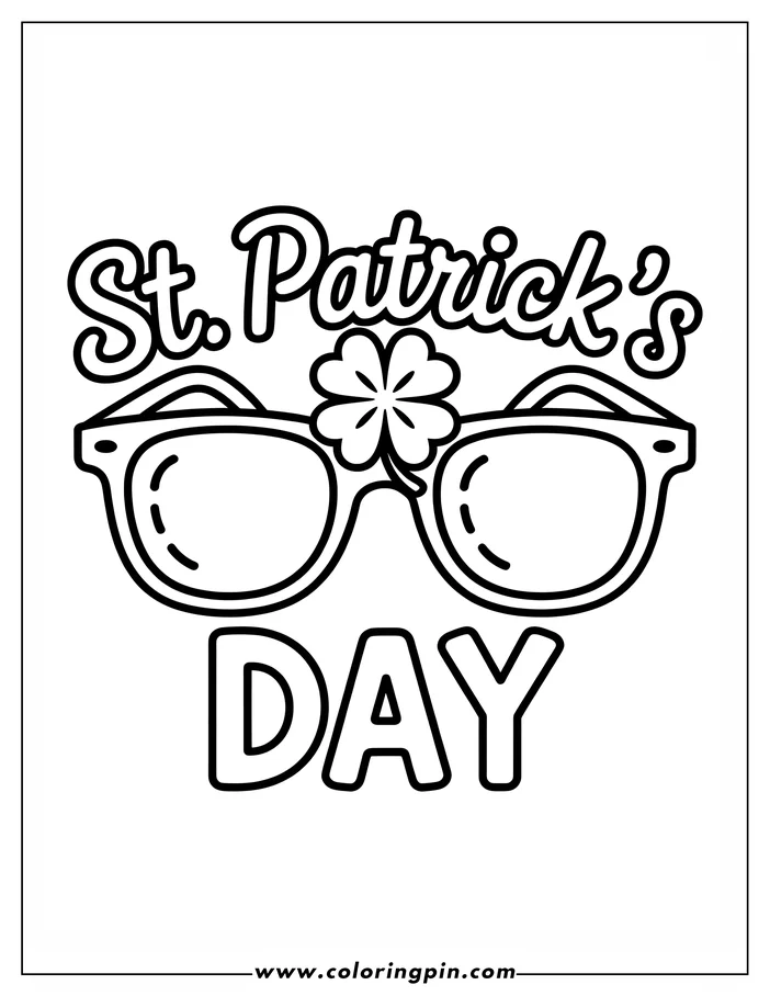 Line art of a pair of St. Patrick's Day glasses with a four-leaf clover design, ready for coloring.