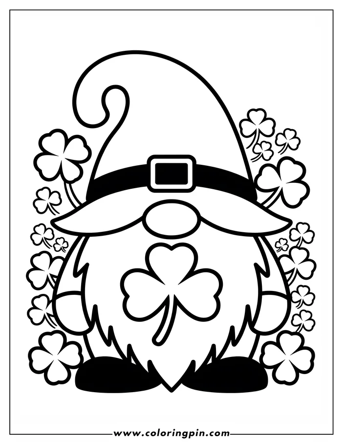 Line art of a St. Patrick's Day gnome holding a shamrock.  The gnome wears a tall hat and has a long beard. Several other shamrocks surround the gnome, creating a festive coloring page design.