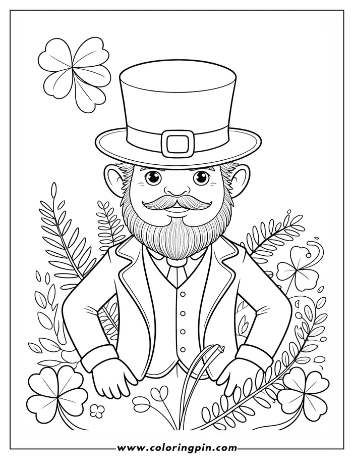 Line art of a leprechaun for St. Patrick's Day, wearing a top hat and surrounded by shamrocks, designed as a coloring sheet.