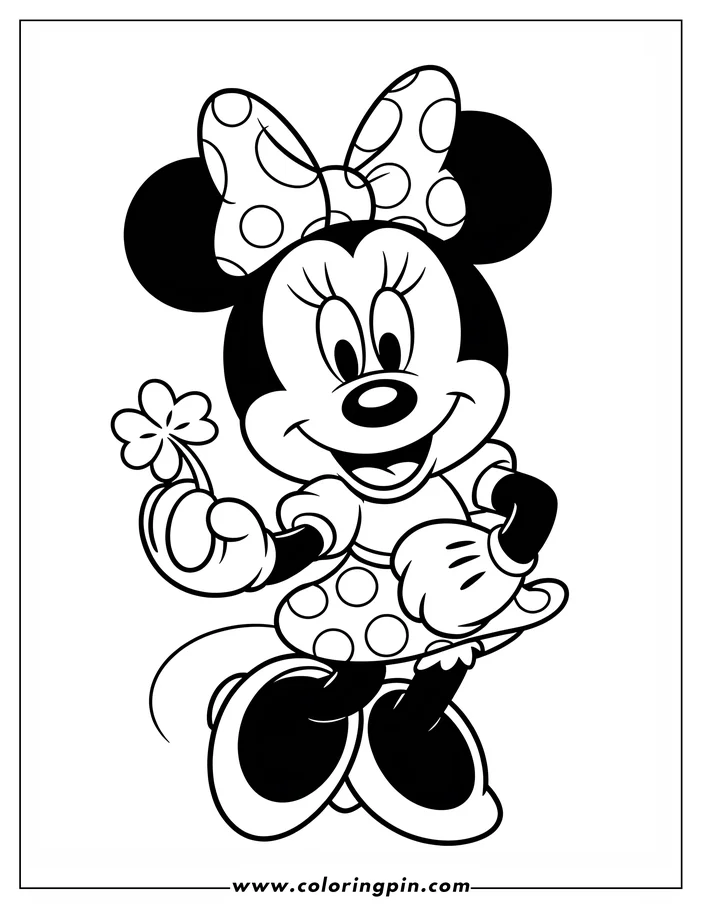 Line art of Minnie Mouse holding a shamrock for St. Patrick's Day.  She's wearing a polka dot dress and bow and has a cheerful expression. This is a coloring sheet design.