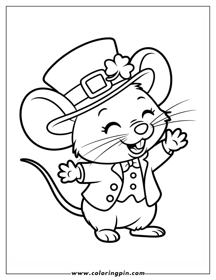 Line art of a cheerful mouse dressed in a St. Patrick's Day leprechaun hat and suit, extending its hands in greeting. This drawing is a coloring sheet design.