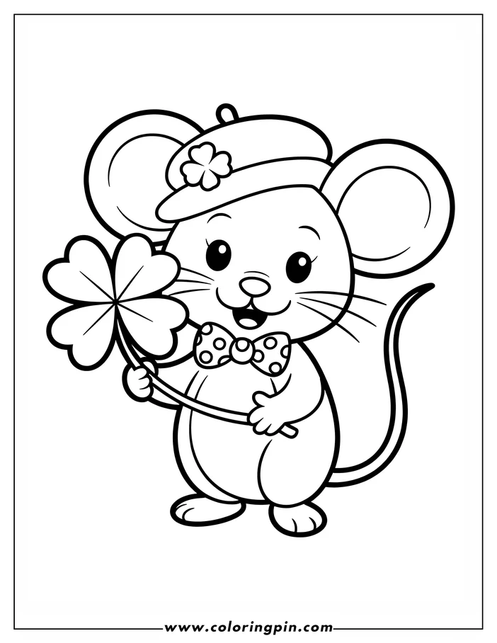 Line art of a mouse holding a shamrock, wearing a St. Patrick's Day beret and bow tie, designed as a coloring sheet.