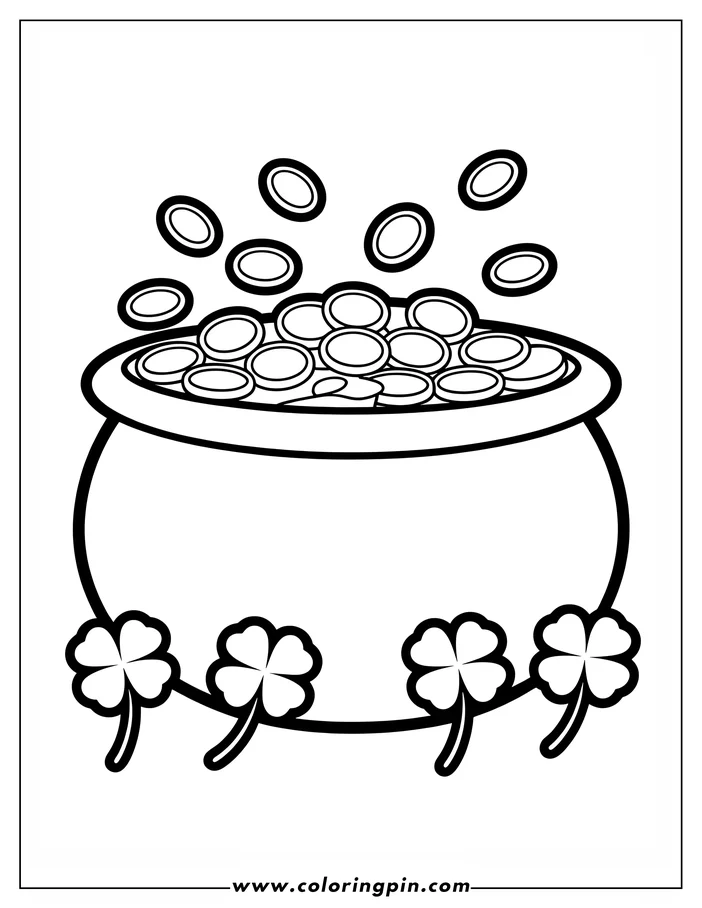 Line art illustration of a St. Patrick's Day pot of gold overflowing with coins.  Four three-leaf clovers surround the base. This is a design for a coloring sheet.