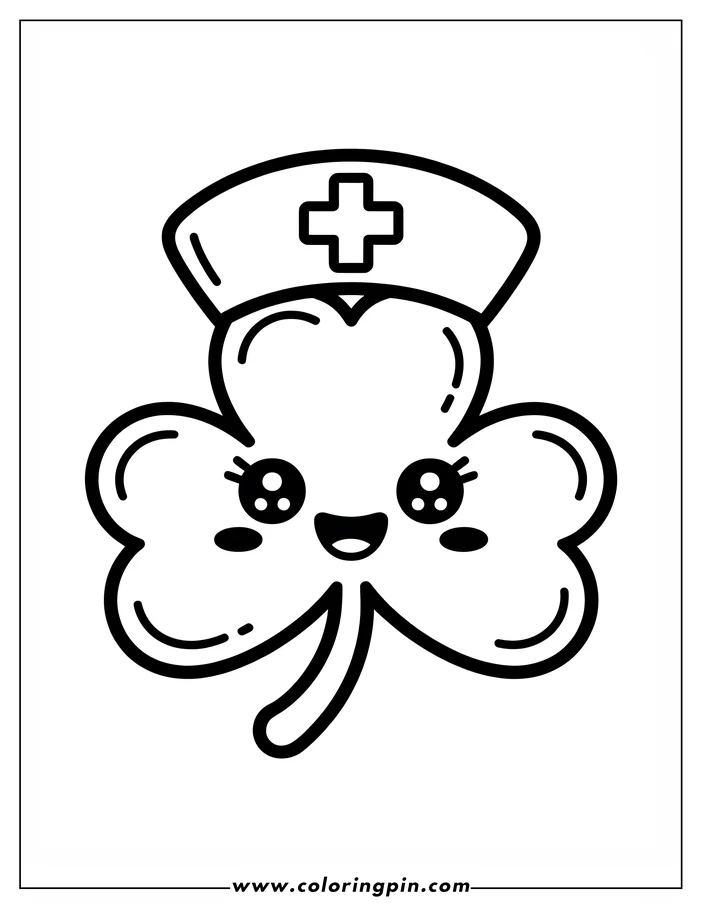 Simple, kawaii line art of a shamrock wearing a nurse's hat with a cross, a whimsical design for a St. Patrick's Day coloring page. The shamrock has a smiling face and large eyes, giving it a cute and friendly appearance.  