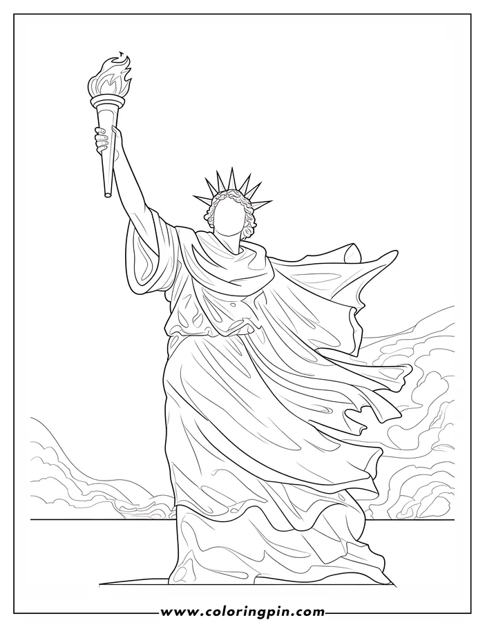 Line art of the Statue of Liberty holding a torch. She wears a crown and flowing robes.