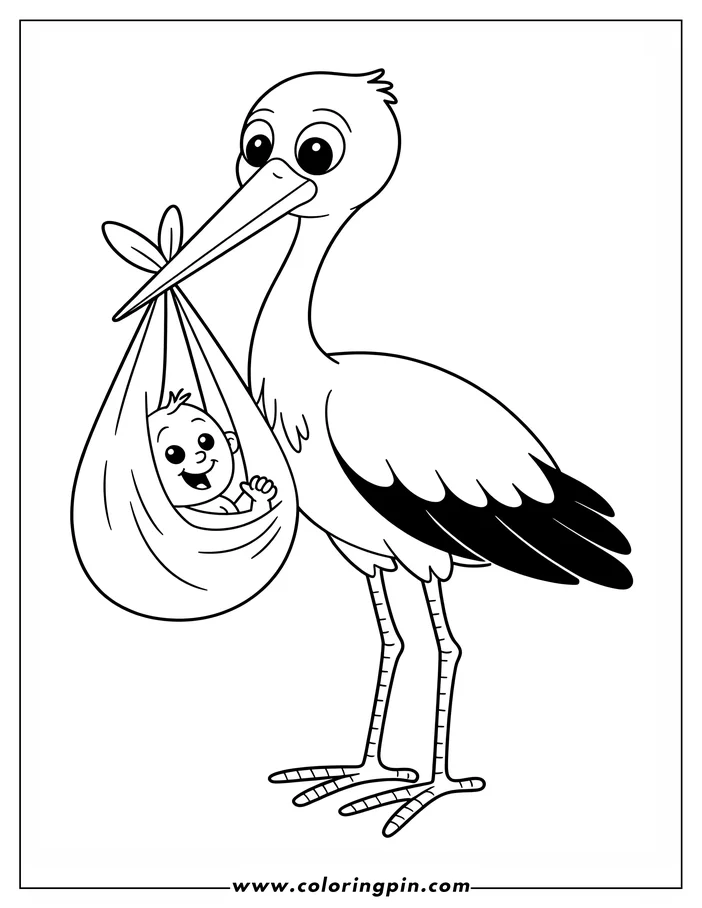Line art of a stork carrying a baby in a sling.