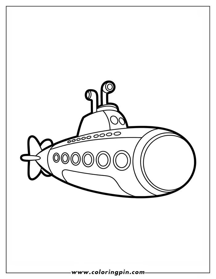 Line art of a cartoon submarine with portholes and periscopes.