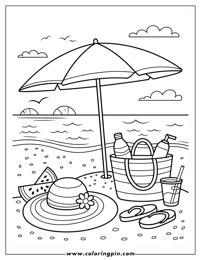 Summer beach essentials coloring page with umbrella, bag, and flip-flops, a fun and easy printable coloring sheet for kids and adults.