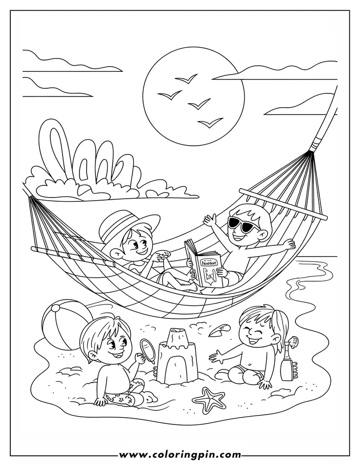 Summer beach fun coloring page with kids, a printable outline drawing of children enjoying a beach scene, free for kids.