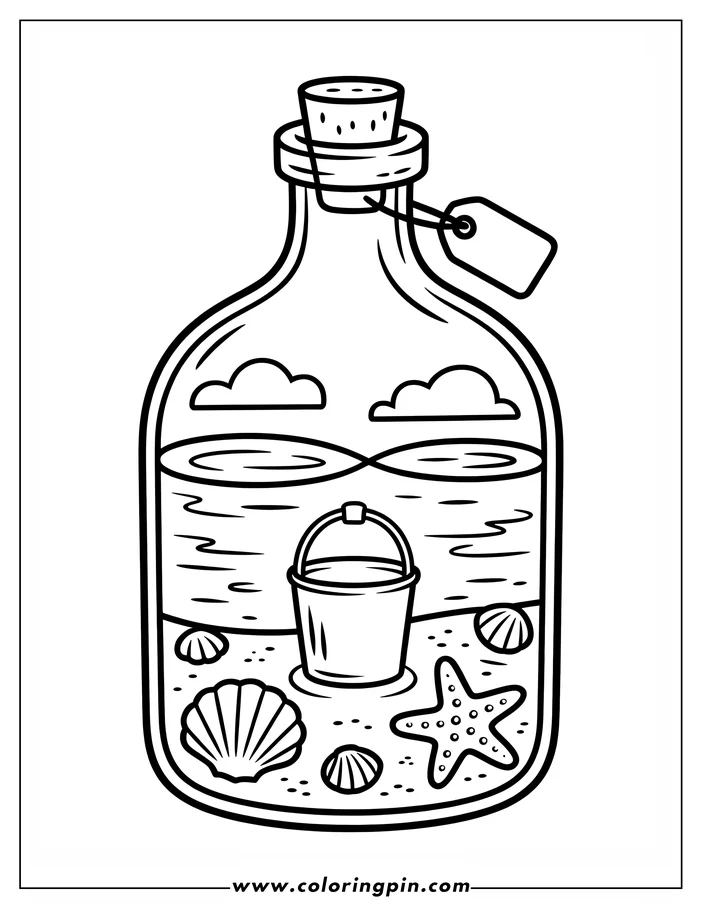 Whimsical summer beach in a bottle coloring page, a fun and easy printable outline drawing for kids and adults.