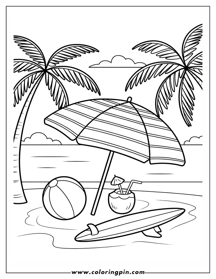 Summer beach scene coloring page with umbrella, surfboard, and coconut drink, a fun and relaxing printable coloring sheet for kids and adults.