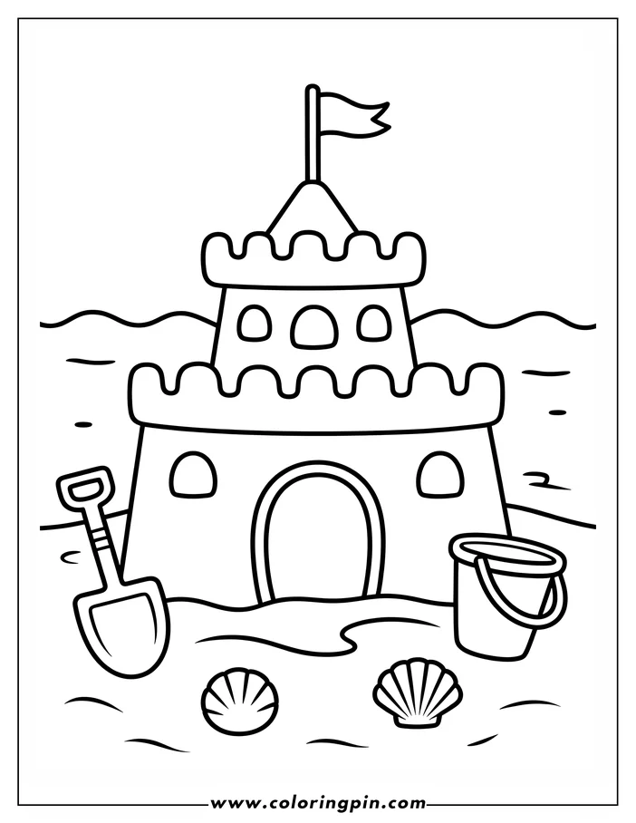 Summer beach sandcastle coloring page, a simple and fun printable coloring sheet perfect for kids of all ages.