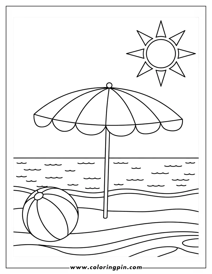 Simple summer beach scene coloring page with an umbrella and beach ball, a free printable coloring sheet for kids and adults.