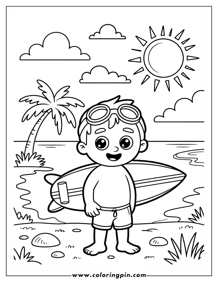 Cartoon summer boy with surfboard coloring page, a printable outline drawing for kids featuring a beach scene.