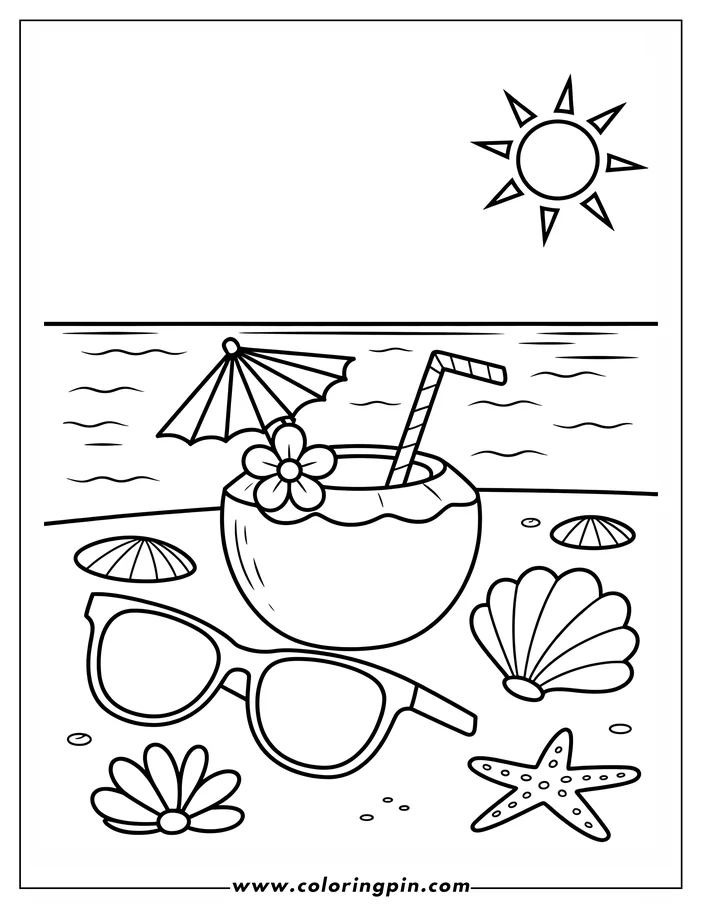 Summer coconut drink coloring page on the beach, a free printable coloring sheet for kids and adults with a fun and relaxing beach theme.
