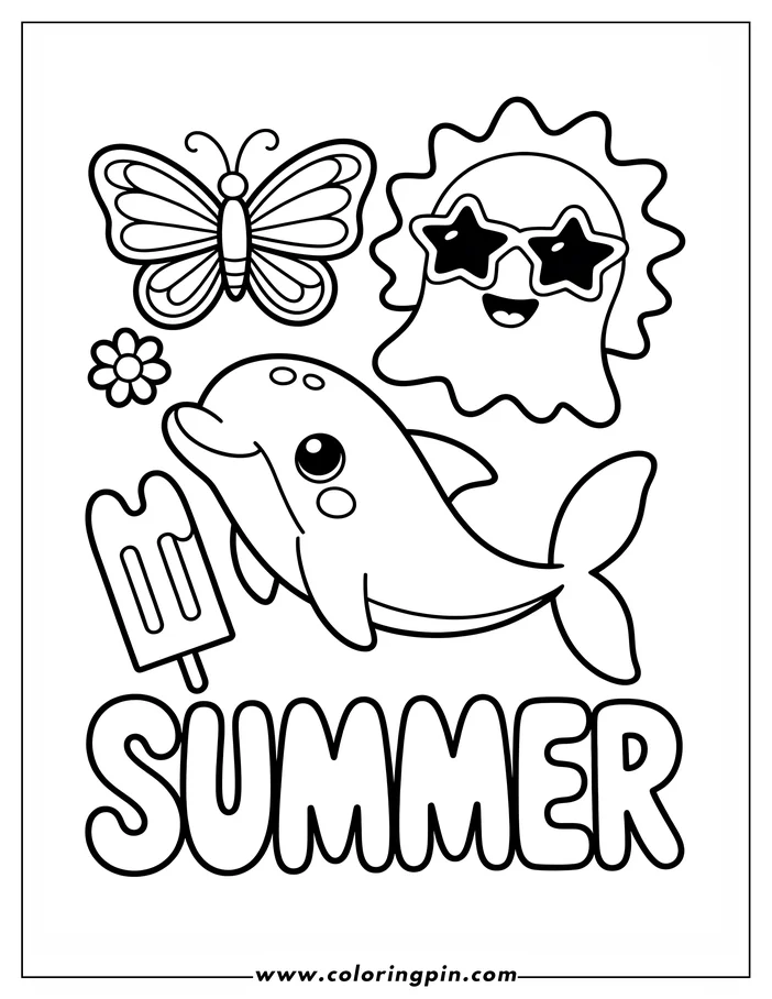 Cute summer coloring page with a dolphin, sun, butterfly and popsicle, a fun and easy printable coloring sheet for kids.