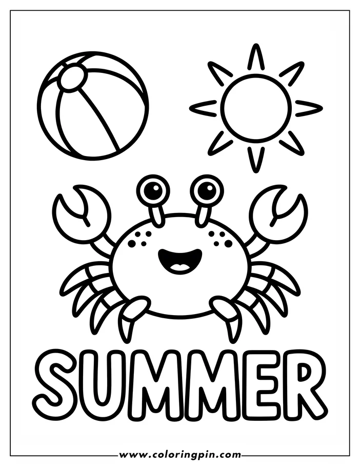 Cute cartoon crab summer coloring page, a simple and fun printable coloring sheet for kids with a beach ball and the sun.
