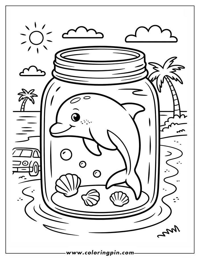A playful summer dolphin in a jar coloring page for kids. Free printable aquatic animal line art. Perfect for a beach-themed coloring activity!