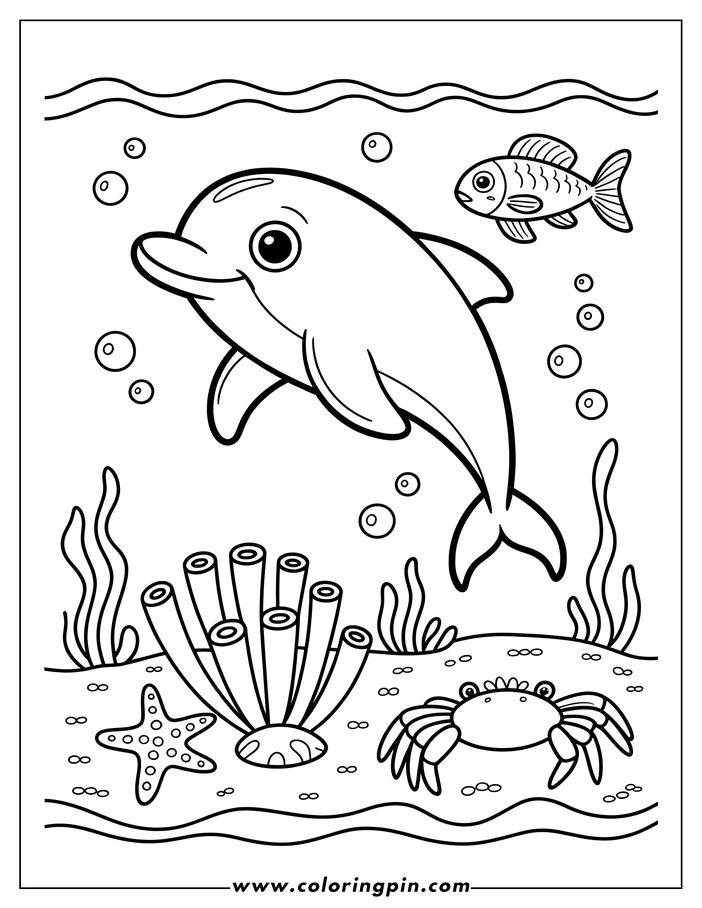 Dolphin underwater coloring page, a simple ocean animal coloring sheet for kids and toddlers, free printable PDF.
