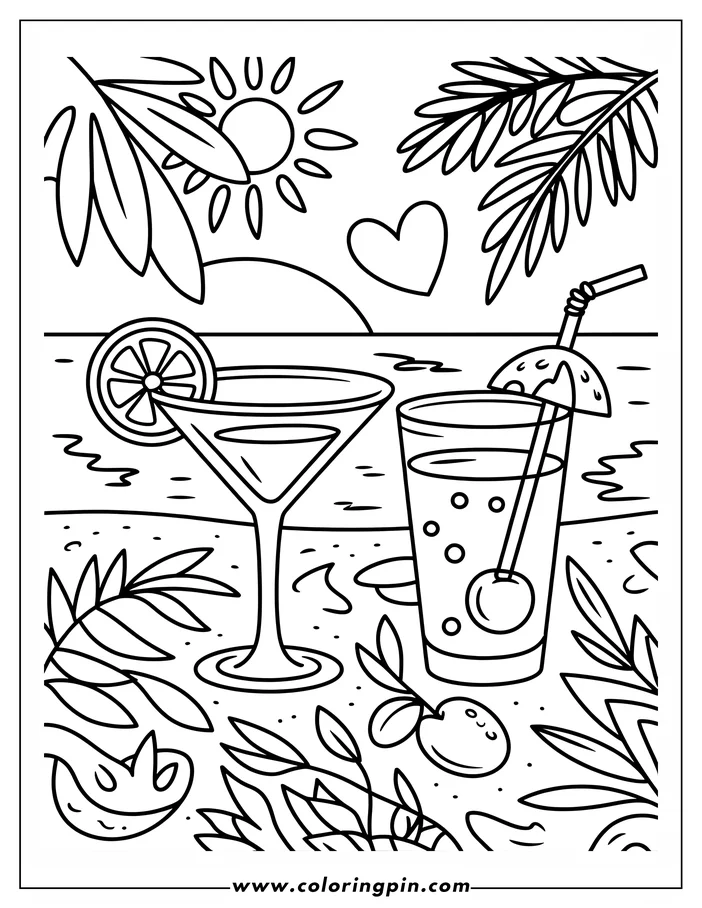 Summer drinks on the beach coloring page, a fun printable coloring sheet for kids and adults featuring tropical drinks.