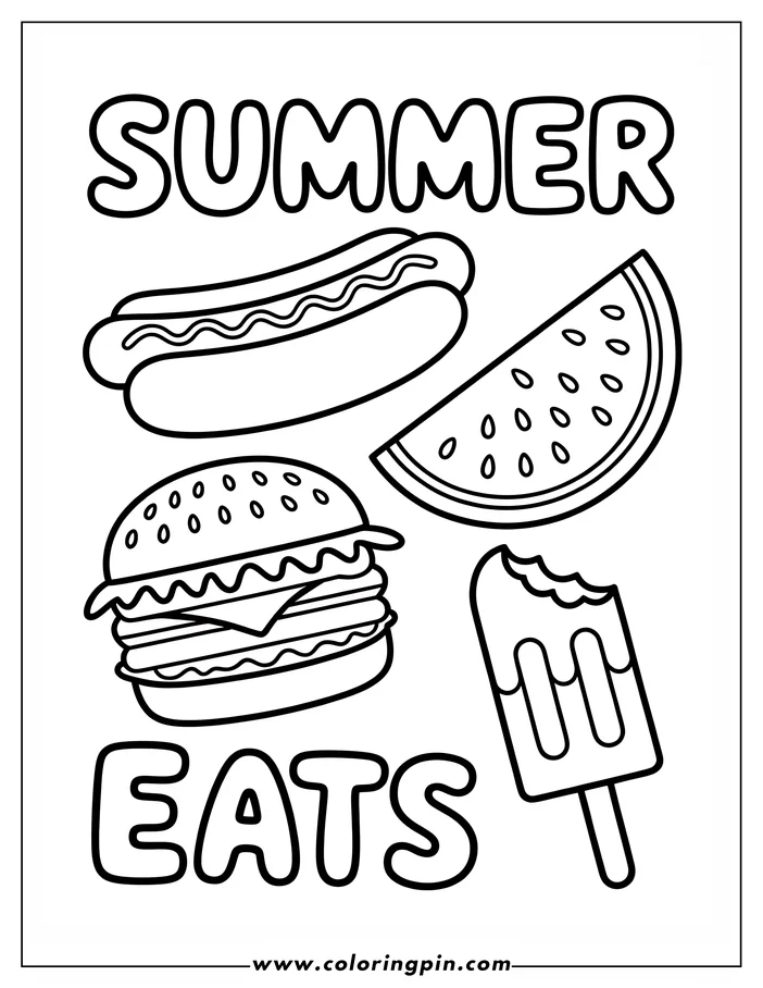 Summer eats coloring page: hot dog, burger, watermelon, and popsicle. A fun, free printable coloring sheet for kids of all ages.