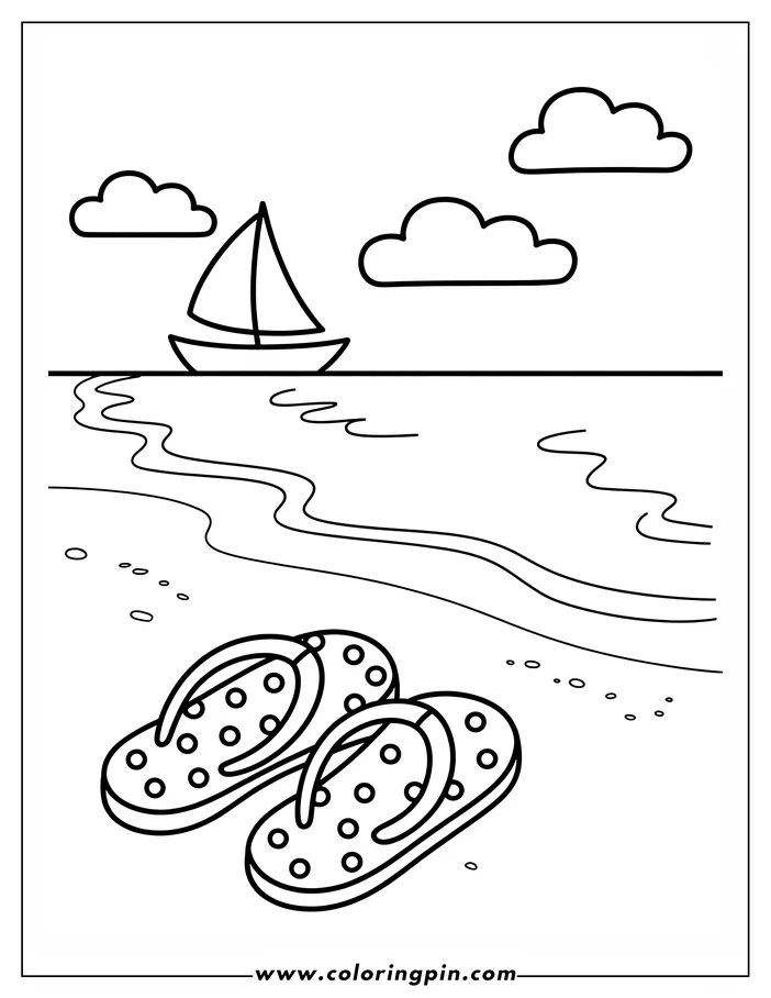 Summer flip-flops on the beach coloring page, a simple and cute summer printable coloring sheet for kids and adults.