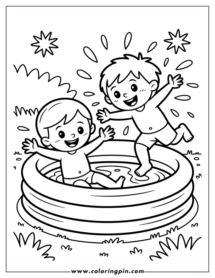 Summer fun coloring page with kids playing in an inflatable pool, a free printable coloring sheet for children.