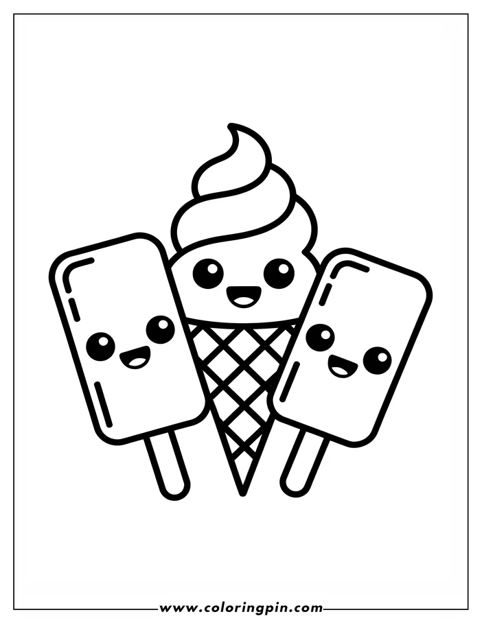 Cute summer ice cream and popsicles coloring page, a simple and fun outline drawing for kids, free to print.