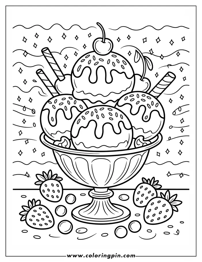Summer ice cream sundae coloring page, a sweet treat for kids and adults. Free printable coloring sheet, perfect for a summer activity.