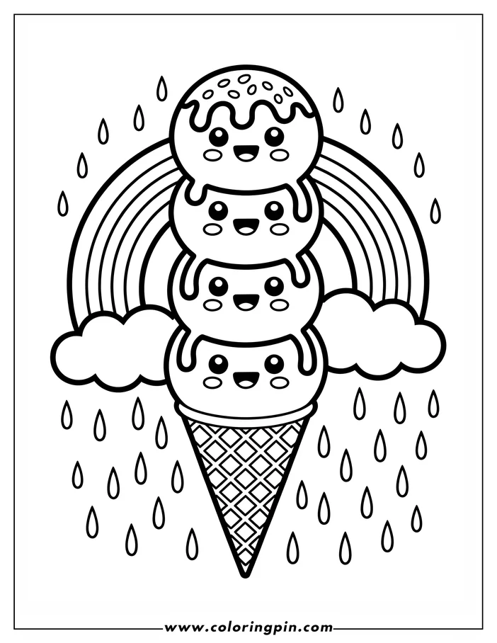 Cute cartoon summer ice cream coloring page under a rainbow, a simple and free printable coloring sheet for kids.