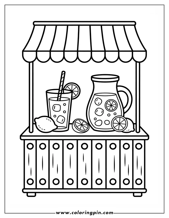 Summer lemonade stand coloring page, a fun printable activity for kids and adults who love refreshing summer treats.