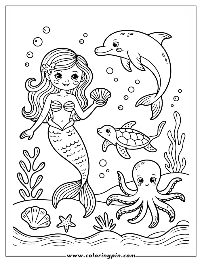 Cute cartoon mermaid underwater coloring page, a fun and easy printable for kids' summer activities, free to print.