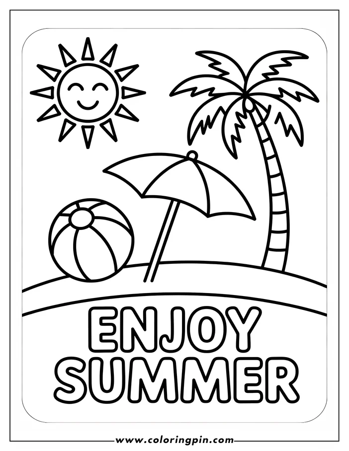 Summer paradise coloring page with sun, beach umbrella, ball, and palm tree, a printable coloring sheet for kids and adults, free to print.