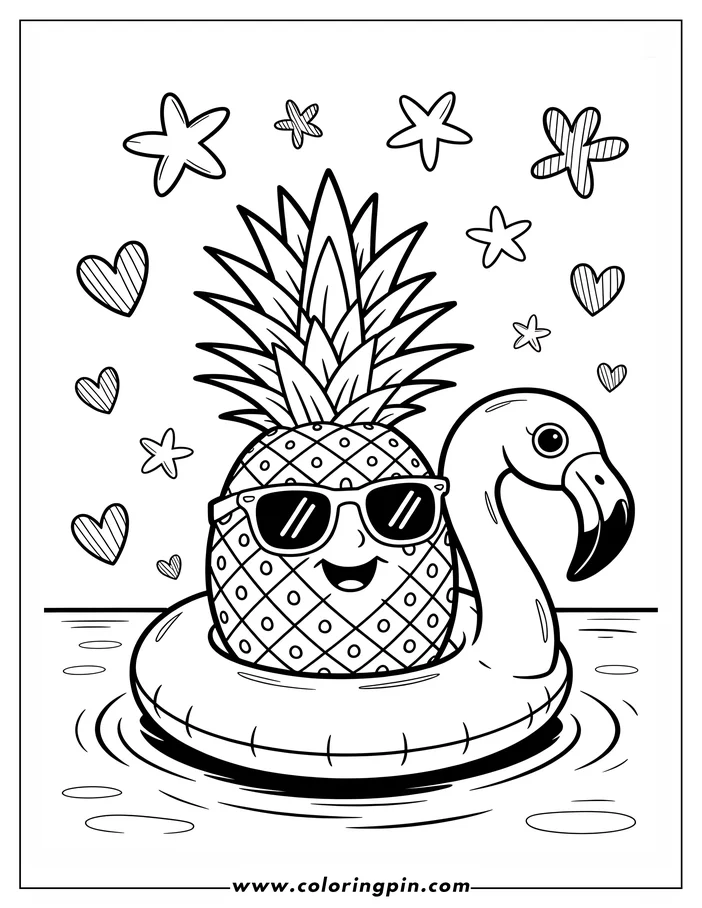 Cute cartoon pineapple with sunglasses on a flamingo float coloring page, a fun summer printable for kids and adults.