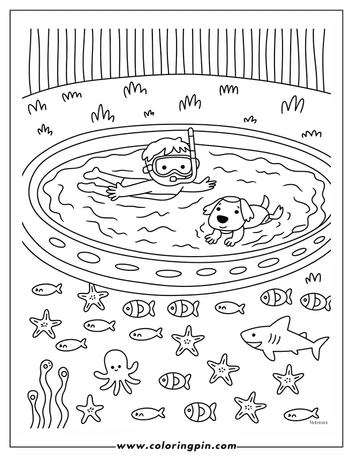 Summer pool party coloring page with a child, dog, fish, and sea creatures, a free printable coloring sheet for kids.