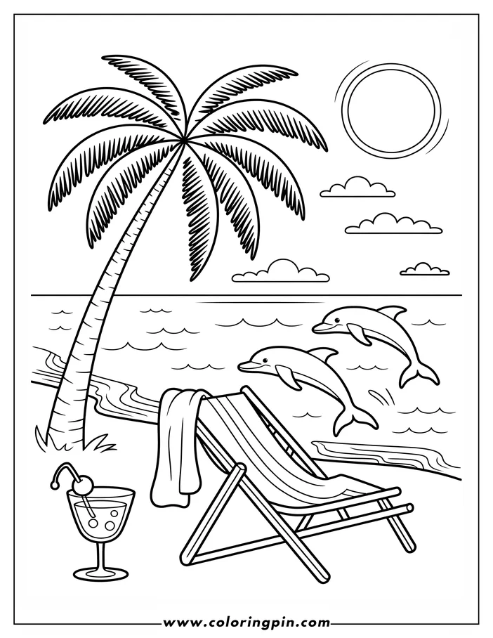 Summer beach scene coloring page with dolphins, palm tree, and beach chair. Free printable coloring sheet for a relaxing activity, perfect for kids and adults.
