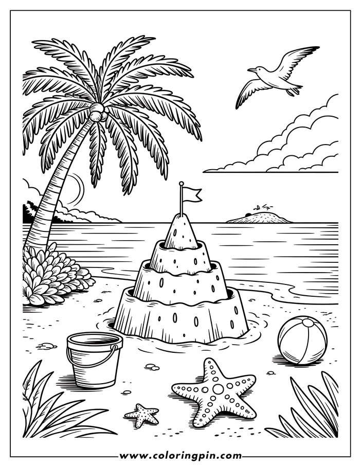 Summer sandcastle on the beach coloring page, a fun and easy printable coloring sheet for kids and adults.